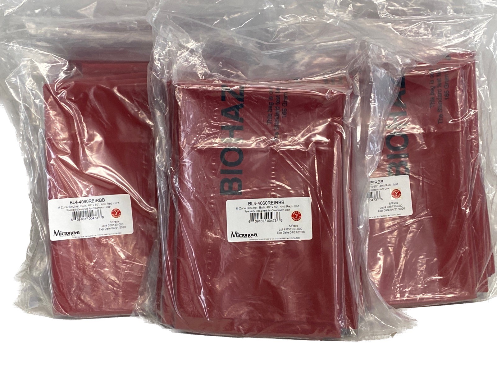 (45 Pc) MICRONOVA Biohazard M-Zone BinLiner 40”x60” 4mil Red LDPE BL4-4060REIRBB