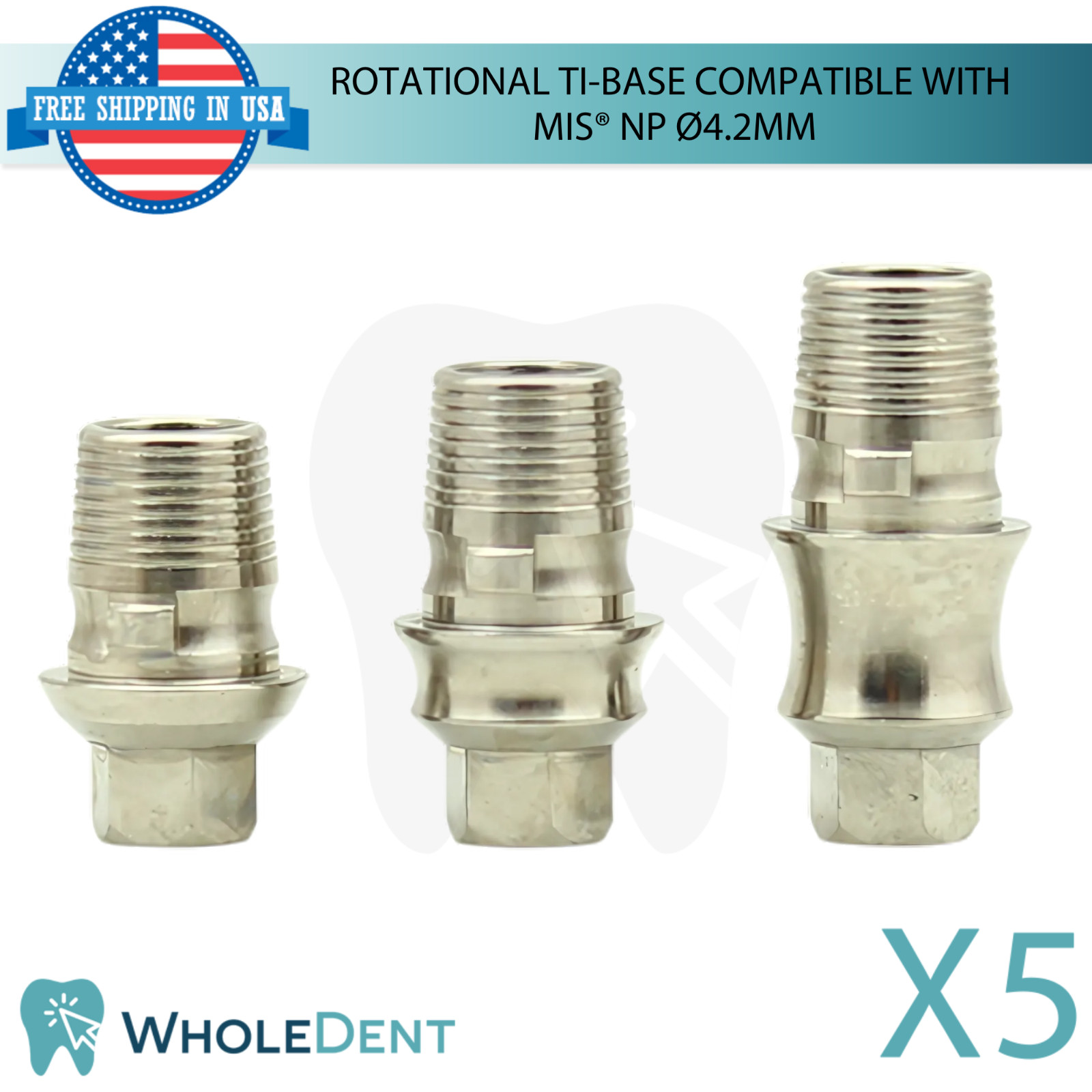 5x Dental Rotational Ti-Base Ø4.2mm NP MIS® Compatible Int Hex System 2.10mm