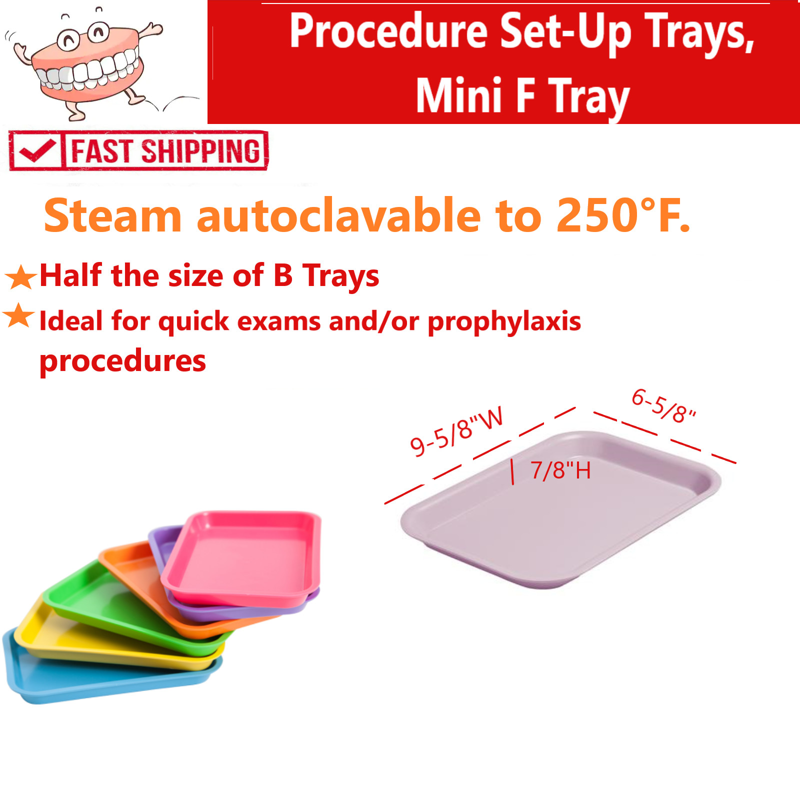 4/Pk Dental Flat Set-Up Tray Size F (Mini) Autoclave Instrument Procedure Trays