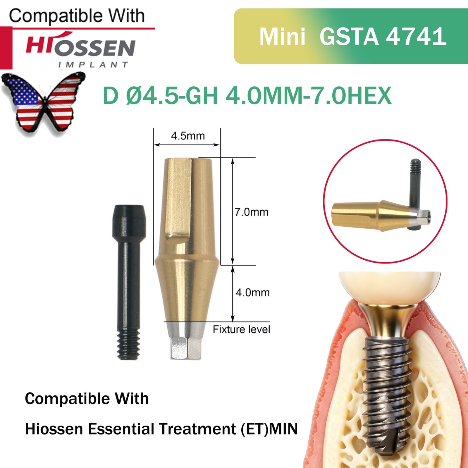 US Straight Abutment Fit Osstem Hiossen ET Mini Φ4.5 Cement Retained GH 1-5.0mm