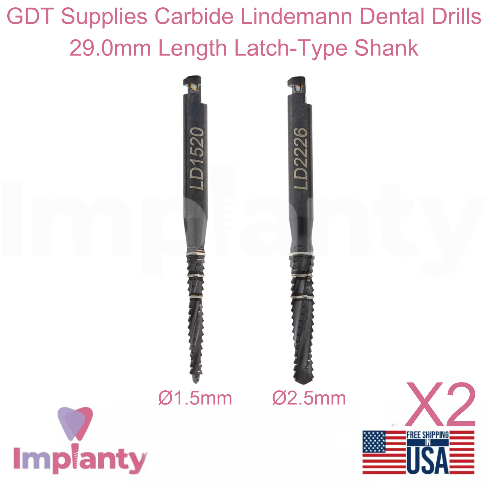 2x GDT Supplies Carbide Lindemann Dental Drills 29.0mm Length Latch-Type Shank