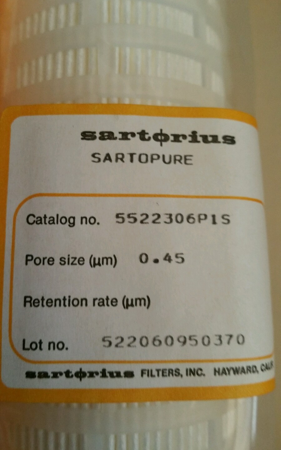 Sartorius Sartopure Filter Cat no. 5522306P1S, 0.45um New in Box