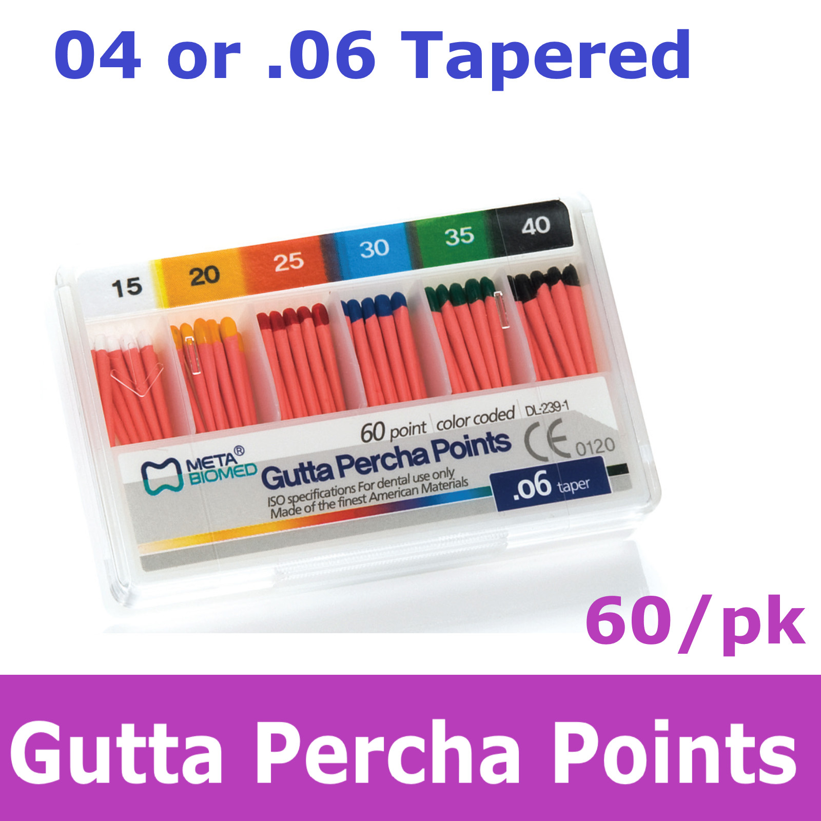 Dental Endodontic Gutta Percha Points Taper .04 or .06 or Vials, 60/pk or 120/pk