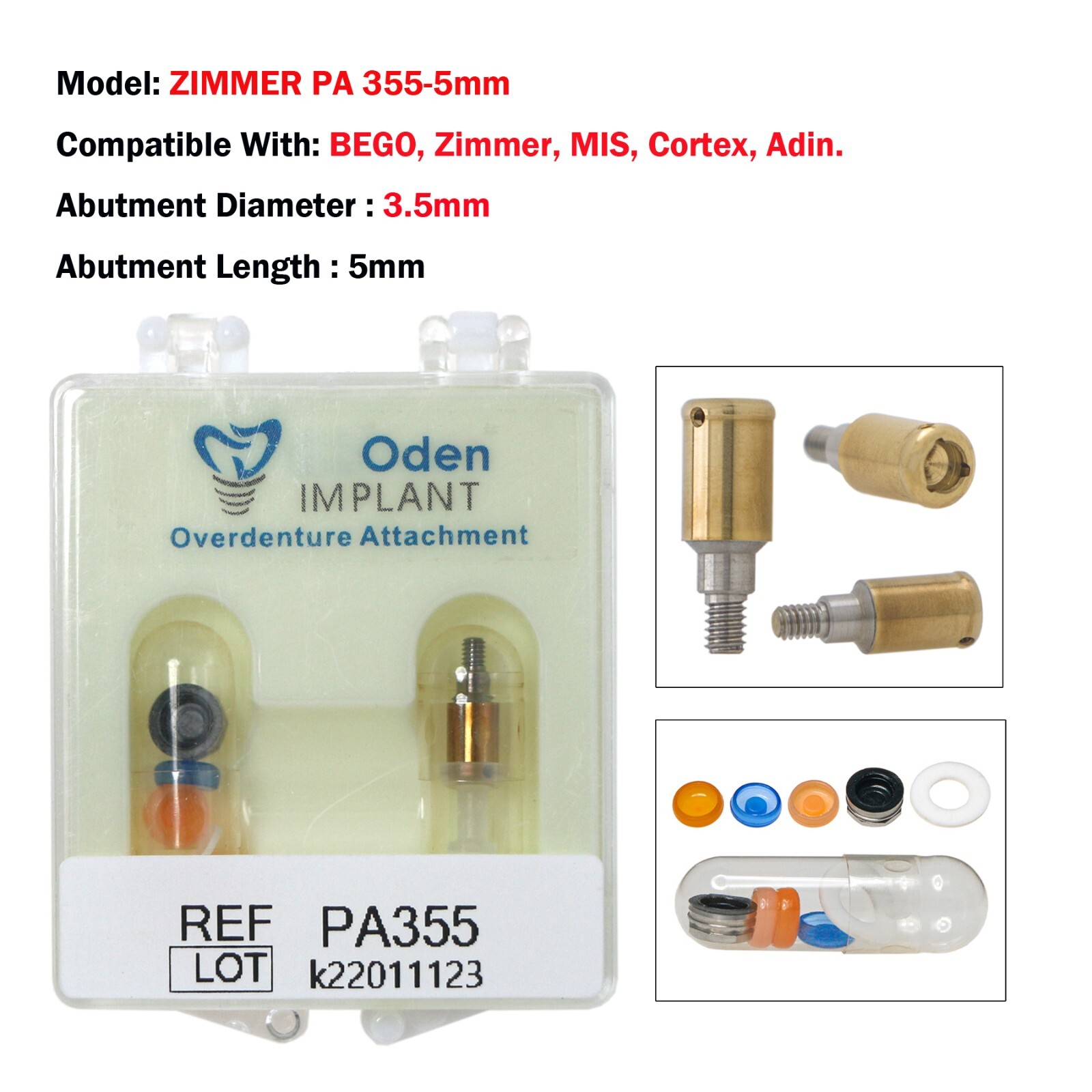 Dental Zimmer MIS Adin PA Ø3.5/4.5mm Abutment & Overdenture Male Caps Removable