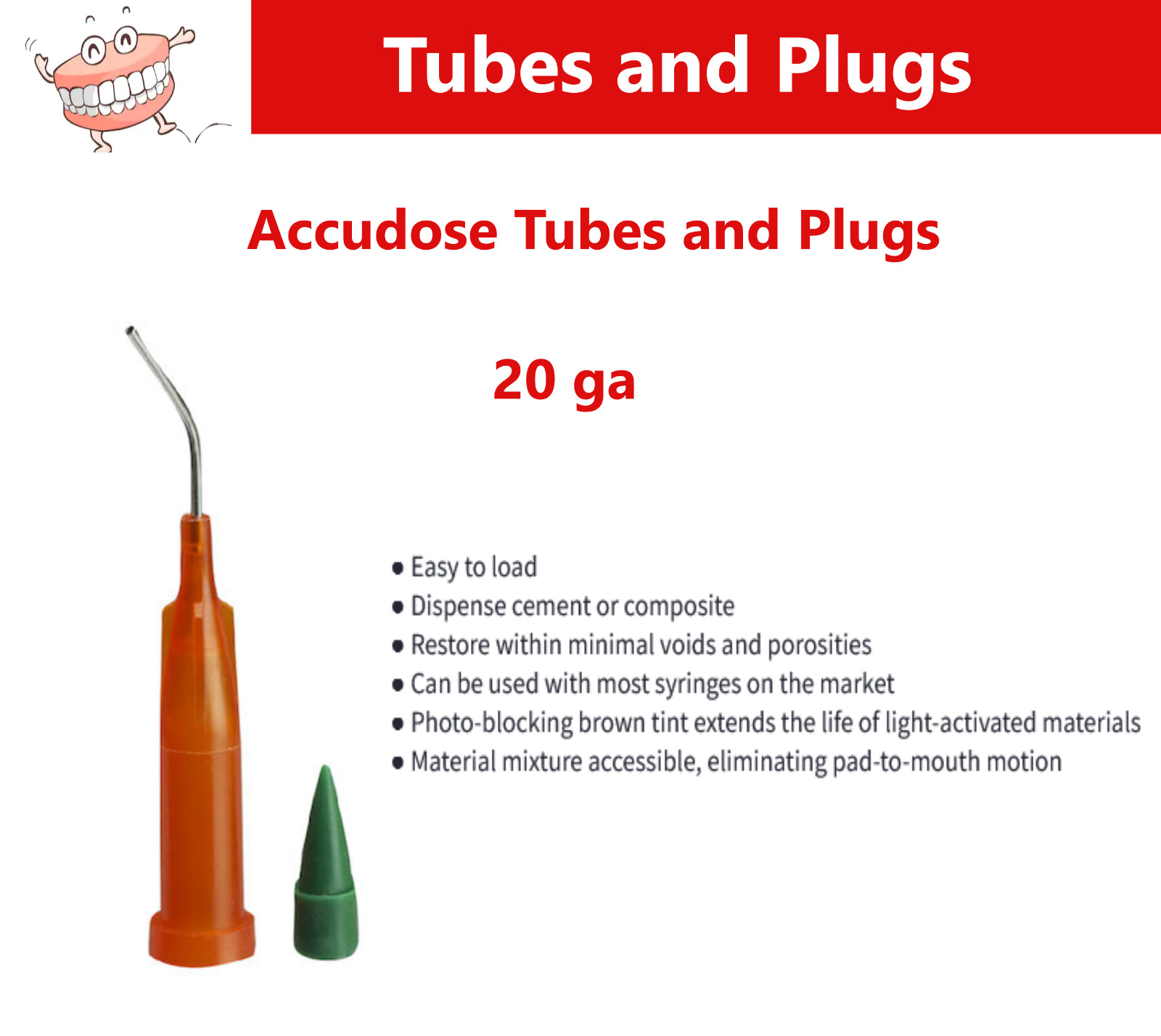 Accudose Tubes and Plugs For C-R Syringe 20 Ga, PhotoBloc Orange, Upto 100/Box