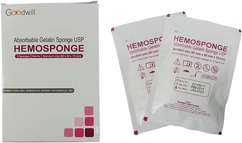 5 x HEMOSPONGE Absorbable Gelatin USP Sterile 2 Sponge Pack SIZE 80x50x10mm