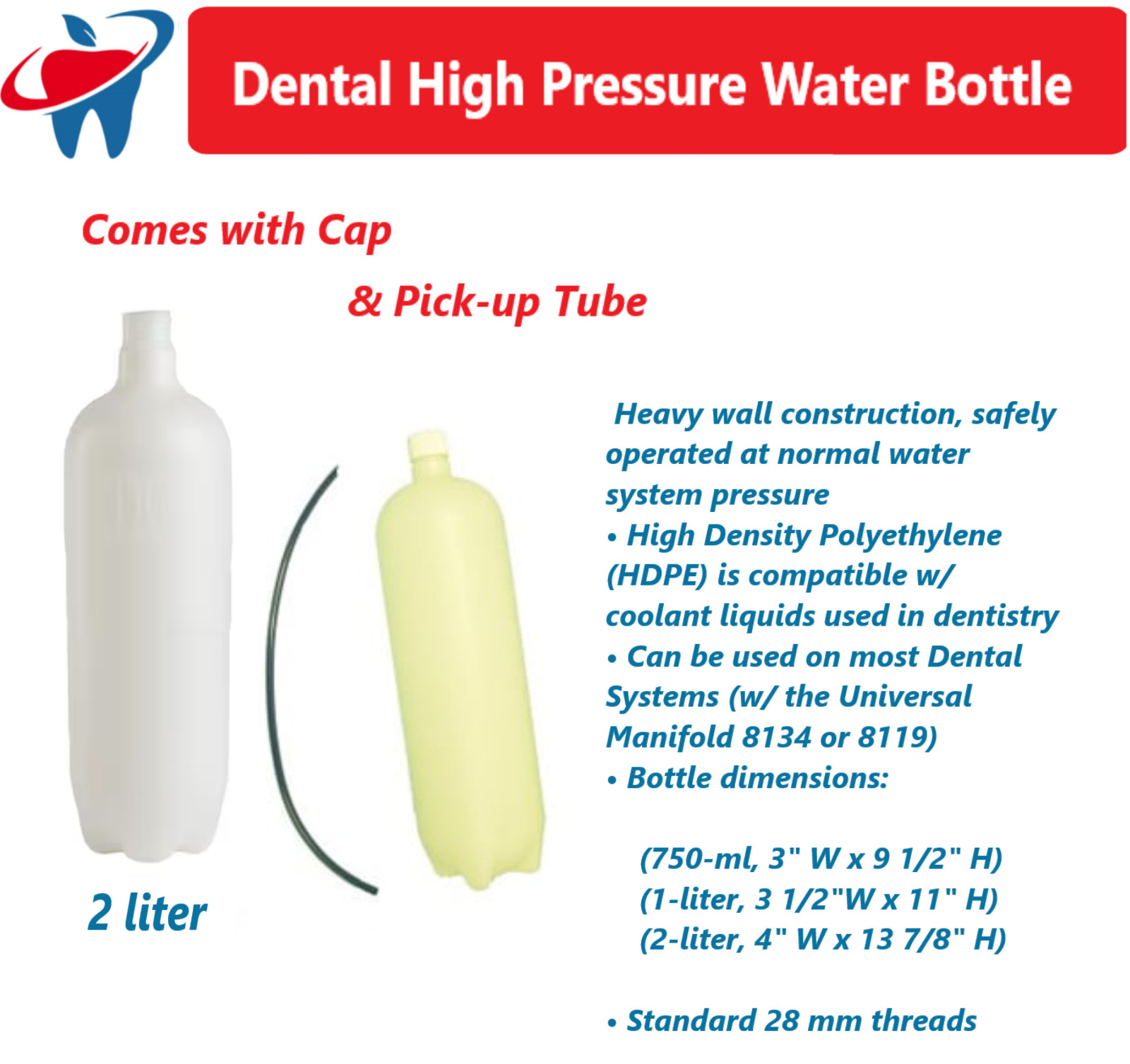 Dental System Pressure Water Bottle For Midmark, A-dec, Belmont, DCI Equipment