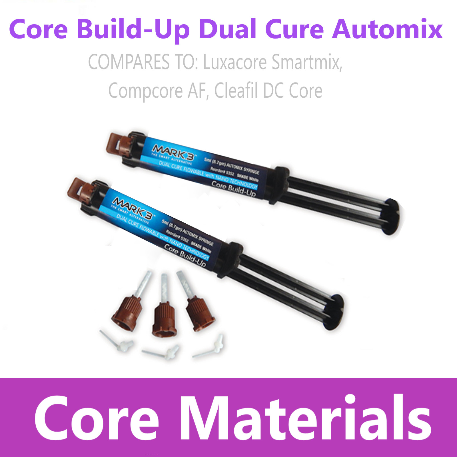 Dental Core Build-Up Material Dual Cure Automix Syr 1-2/pk Shade: A3, White Blue