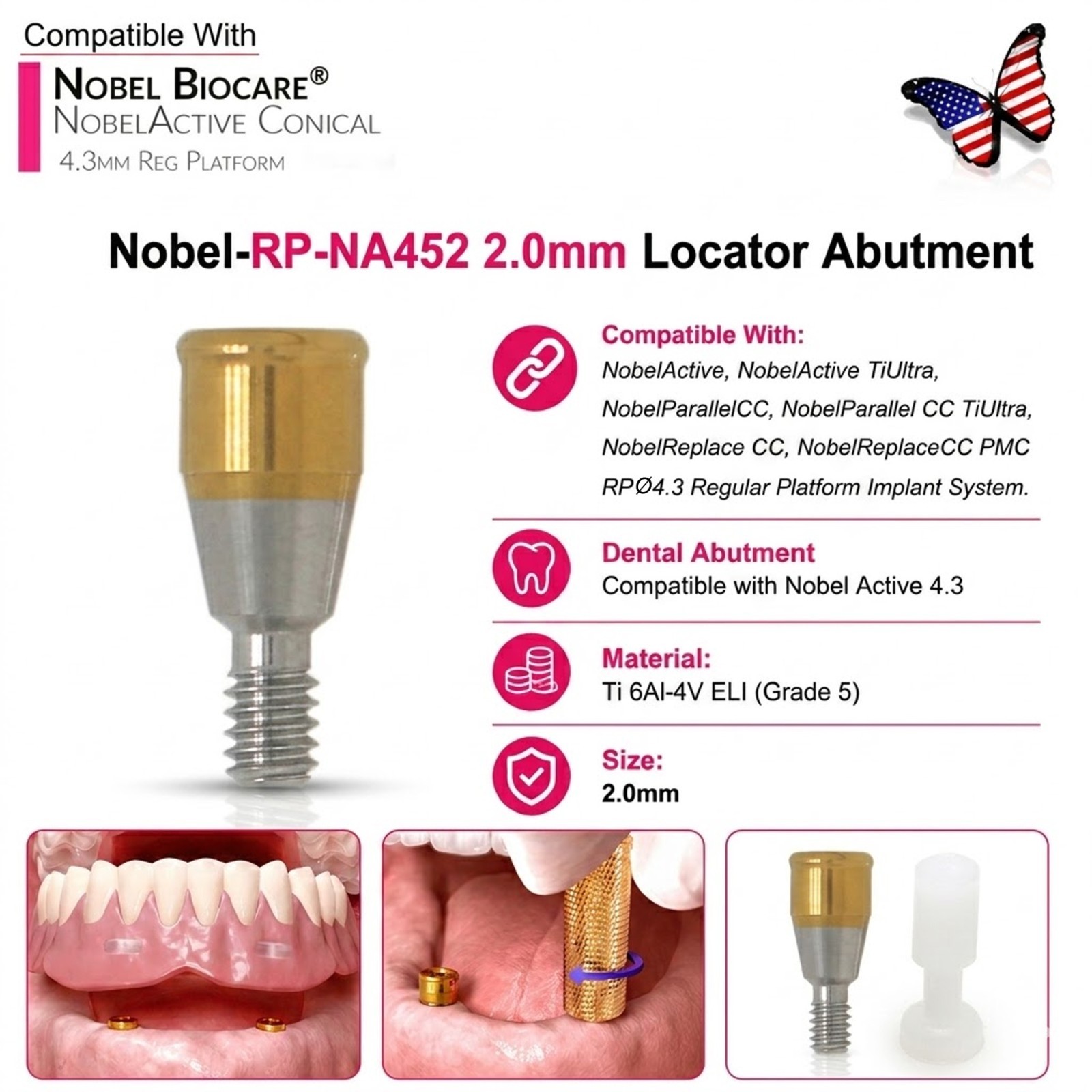 US Locator Attachment Abutment For Nobel Biocare Active Conical NP Ø3.5/RP Ø4.3