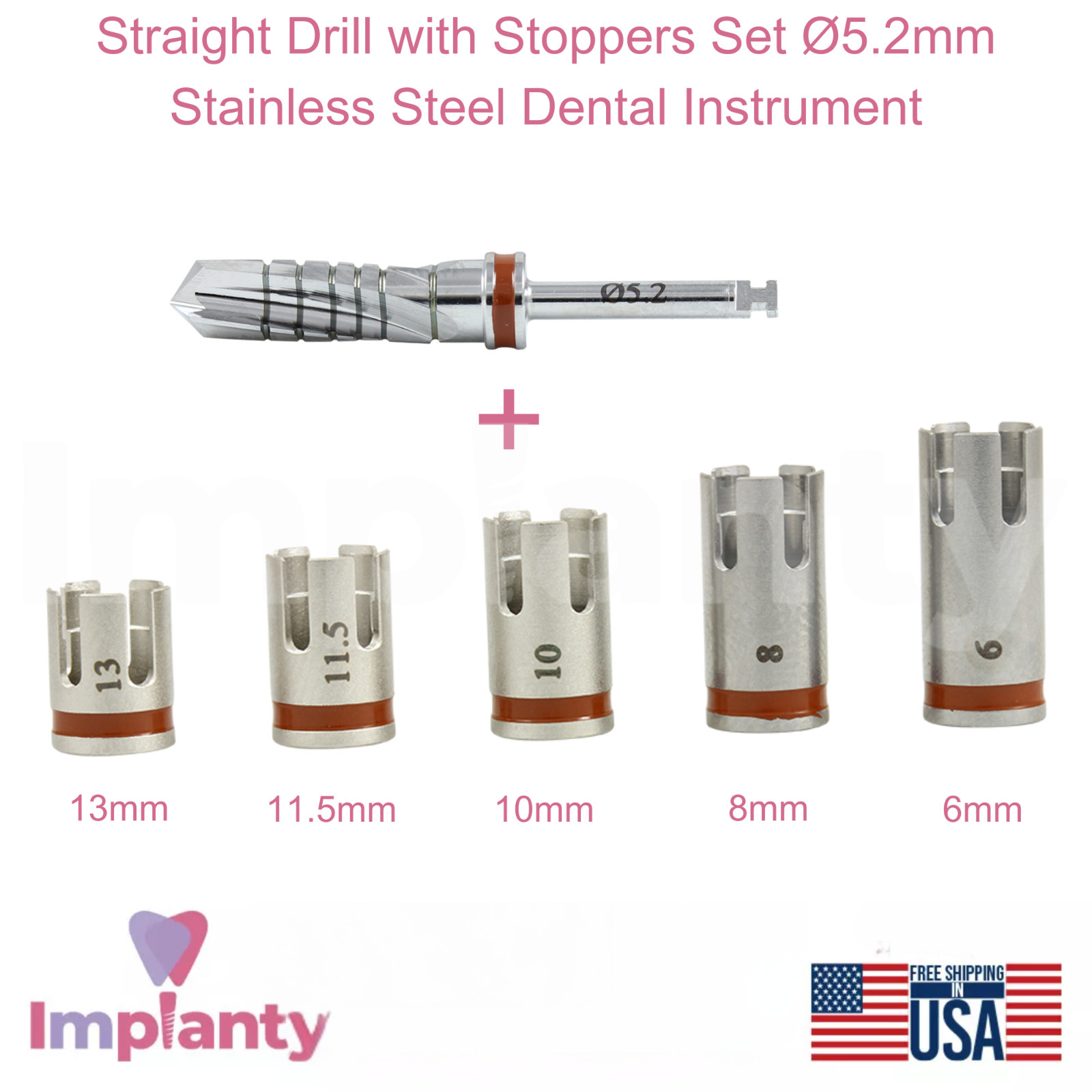 GDT Dental Straight Drill with Stoppers Set Ø5.2mm Brown Stainless Steel Tool