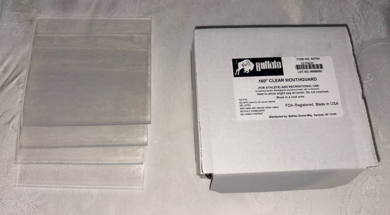 Buffalo Dental .160″ Clear EVA Mouthguard Material, 5″ x 5″, 12 sheets NOB