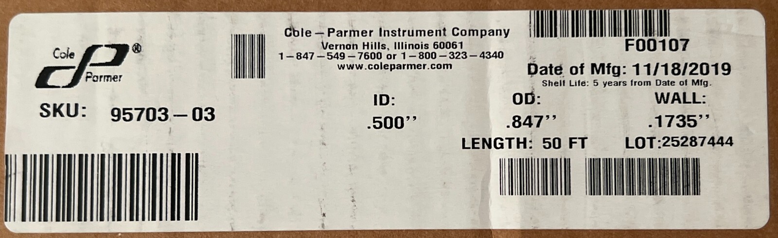 Cole Parmer Silicone Tubing 1/2” ID 50 FT withstands HIGH PRESSURE to 312 psi