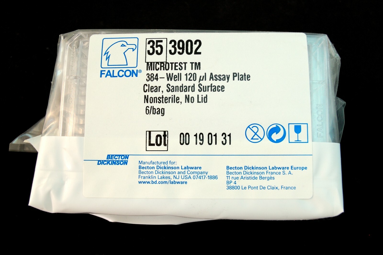BD Falcon Microtest 384 Well 120µl Assay Plates, Clear, 6/bag, 48/case, #353902