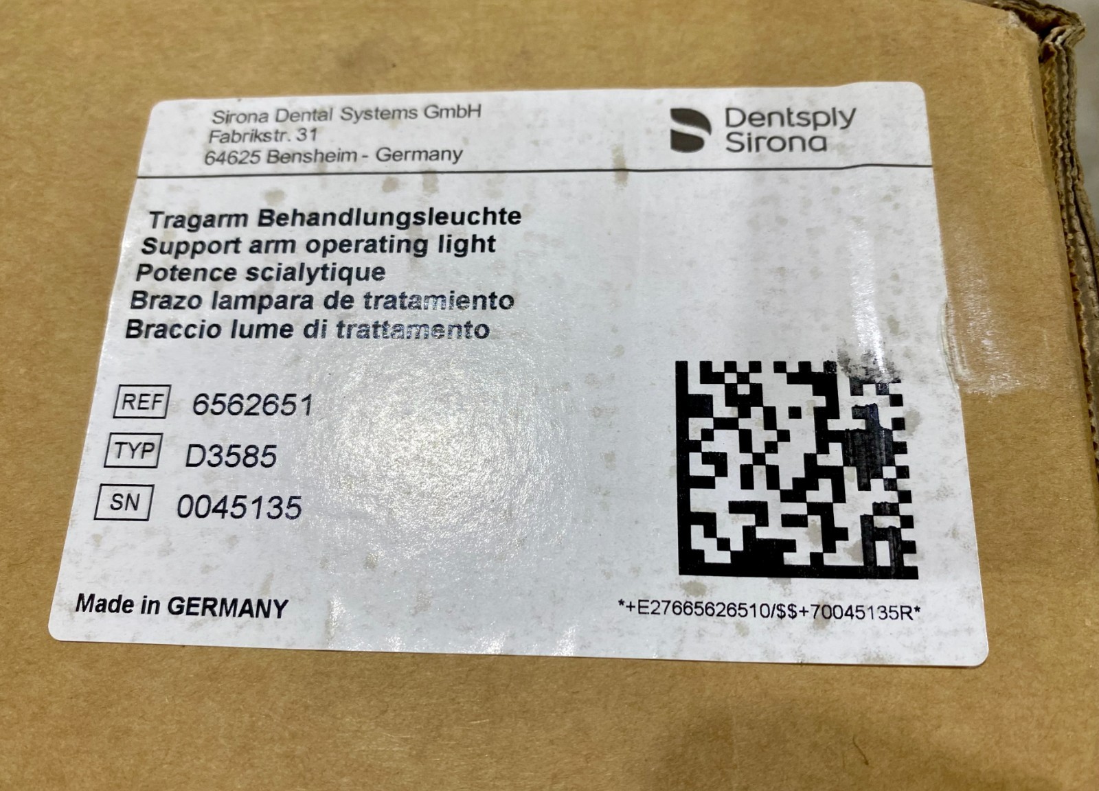 Dentsply Sirona Support Arm Operating Light REF 6562651