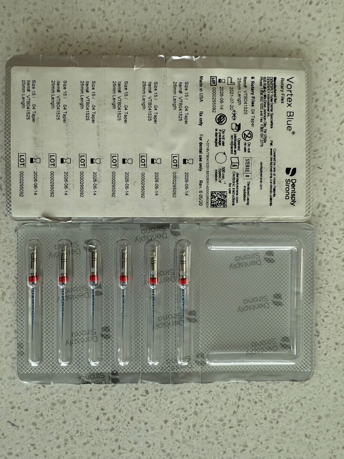 Dentsply Sirona Pre-sterilized Vortex Blue Rotary Files (6/pack), VTB041525