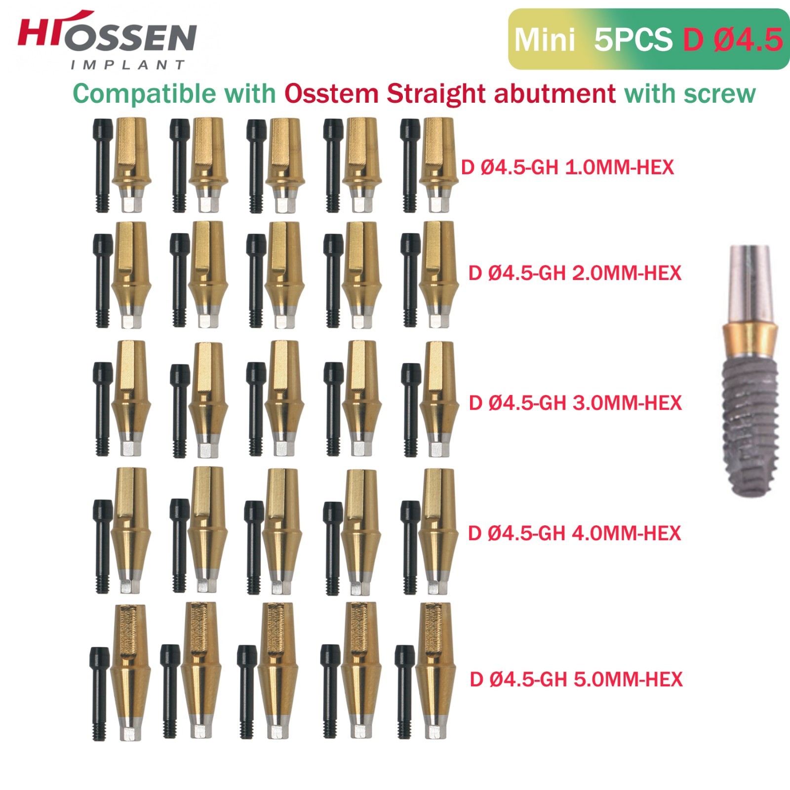 Straight Transfer Abutment Dental Mini for Hiossen OSSTEM with Screw Dia 4.5mm