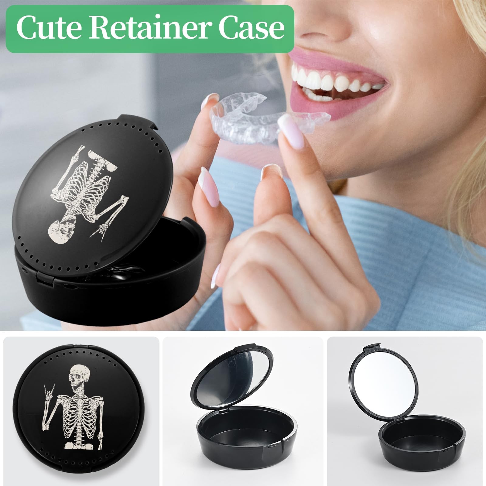 TIHYWR Retainer Case, Denture & Mouth 3.5 x x 1.2 inches, Black Skull
