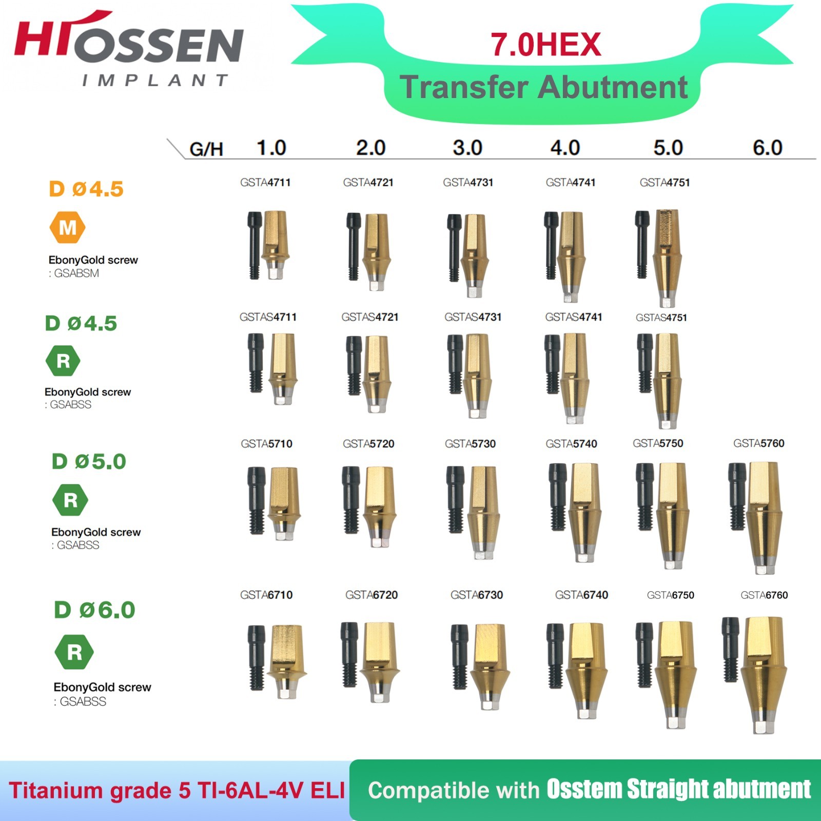 5PCS Hiossen ET M/R Transfer Straight Abutments Ø4.5-6.0mm w/7.0 Hex Osstem TS