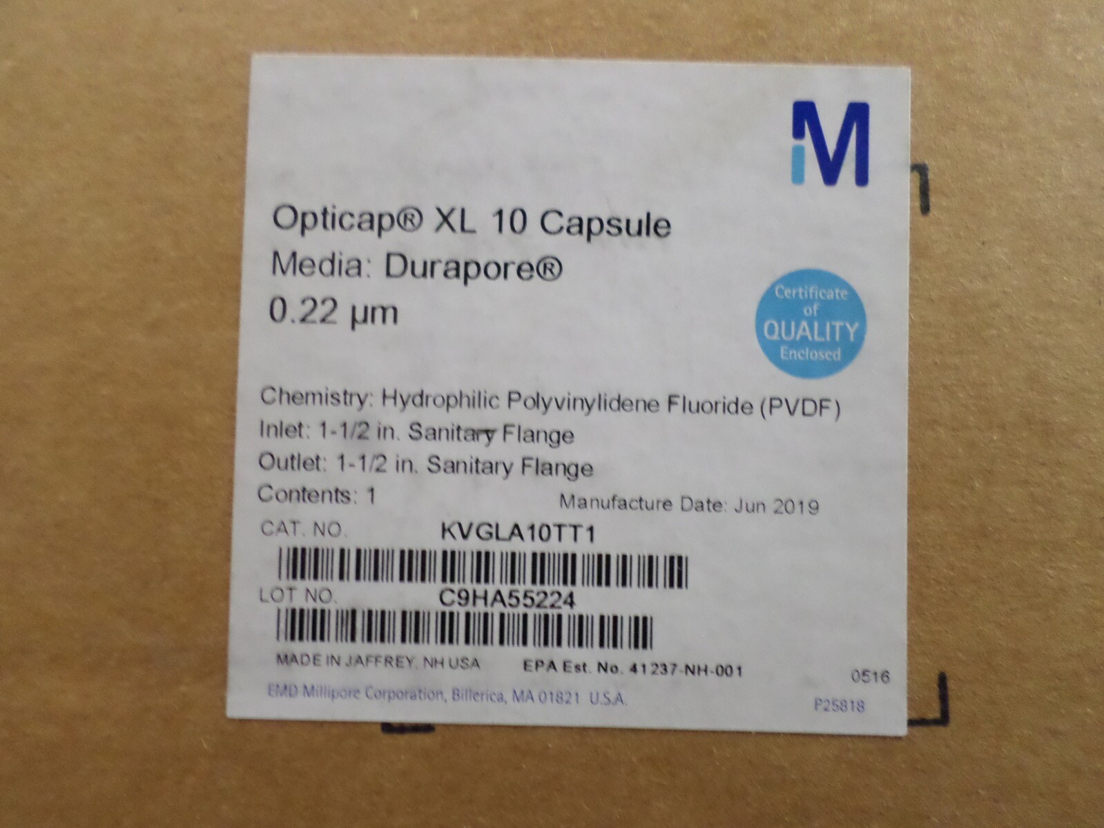 MILLIPORE Opticap 0.22µm 1-1/2″ Durapore XL 10 Capsule Filter KVGLA10TT1 (1/Box)