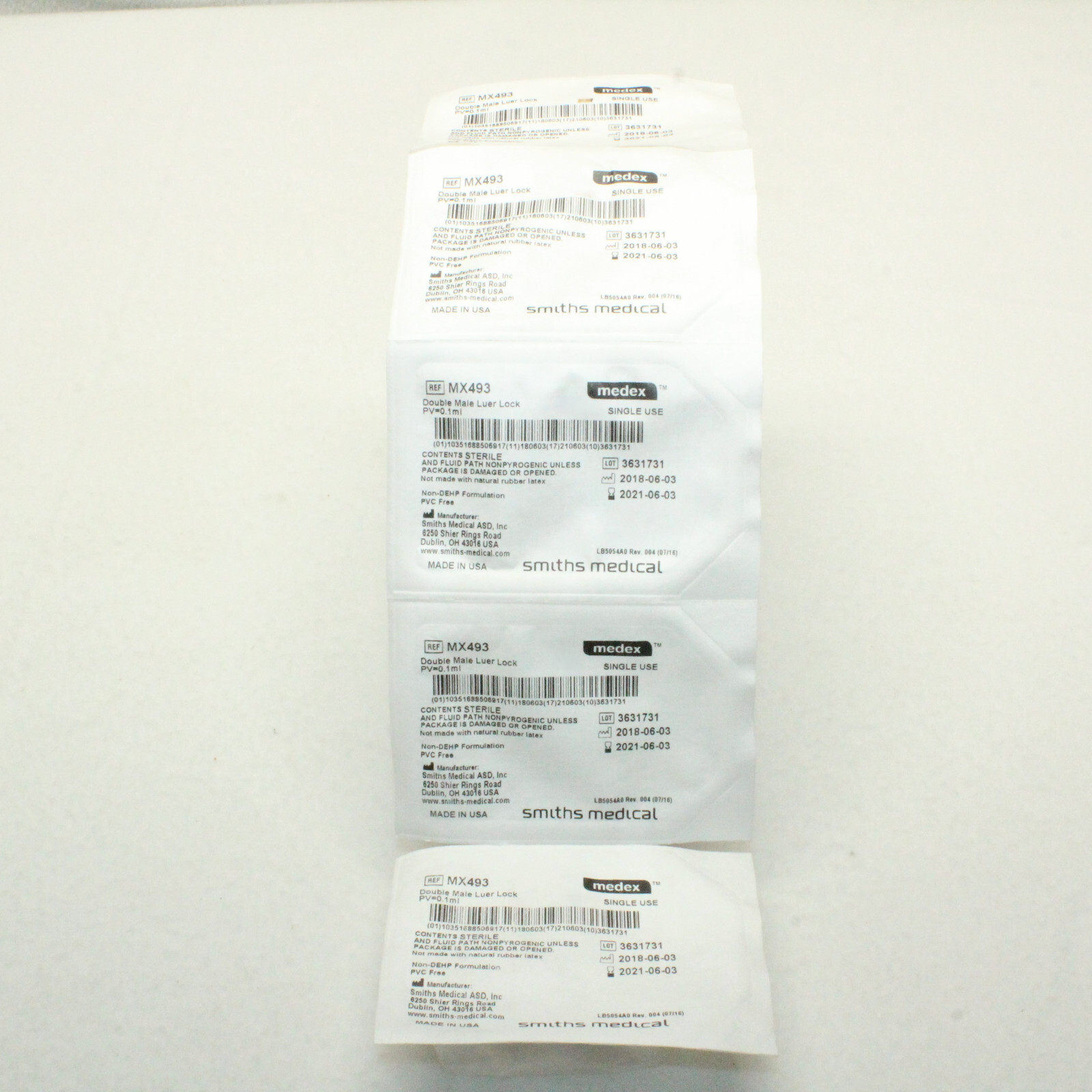 LOT OF 20 MEDEX MX493 DOUBLE MALE LUER LOCK 0.1 mL 4 SLEEVES with 5 PER SLEEVE