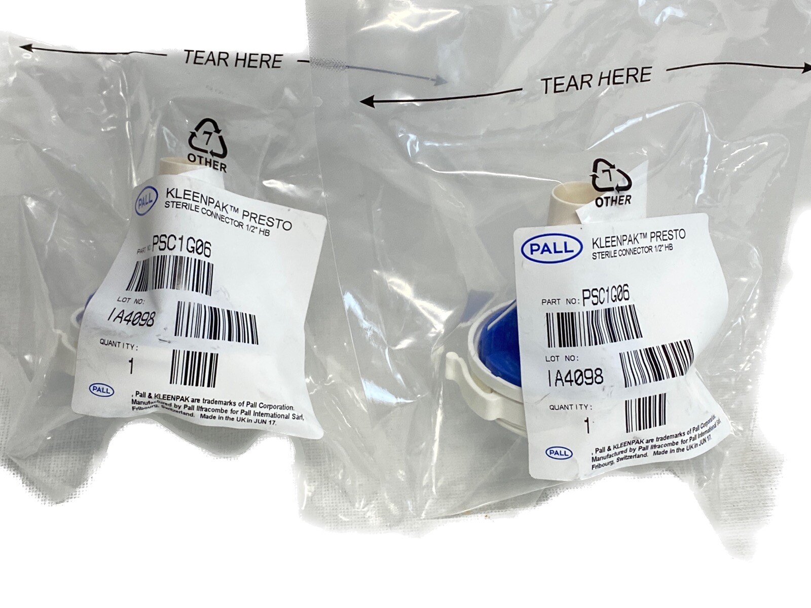 (2) PALL Kleenpak Presto Aseptic Connector 1/2” HB 14mm ID PSC1G06