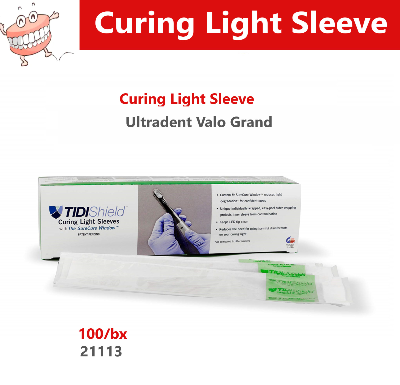 Dental Tidishield Curing Light Sleeve For Ultradent Valo Grand, 100/Bx, 21113