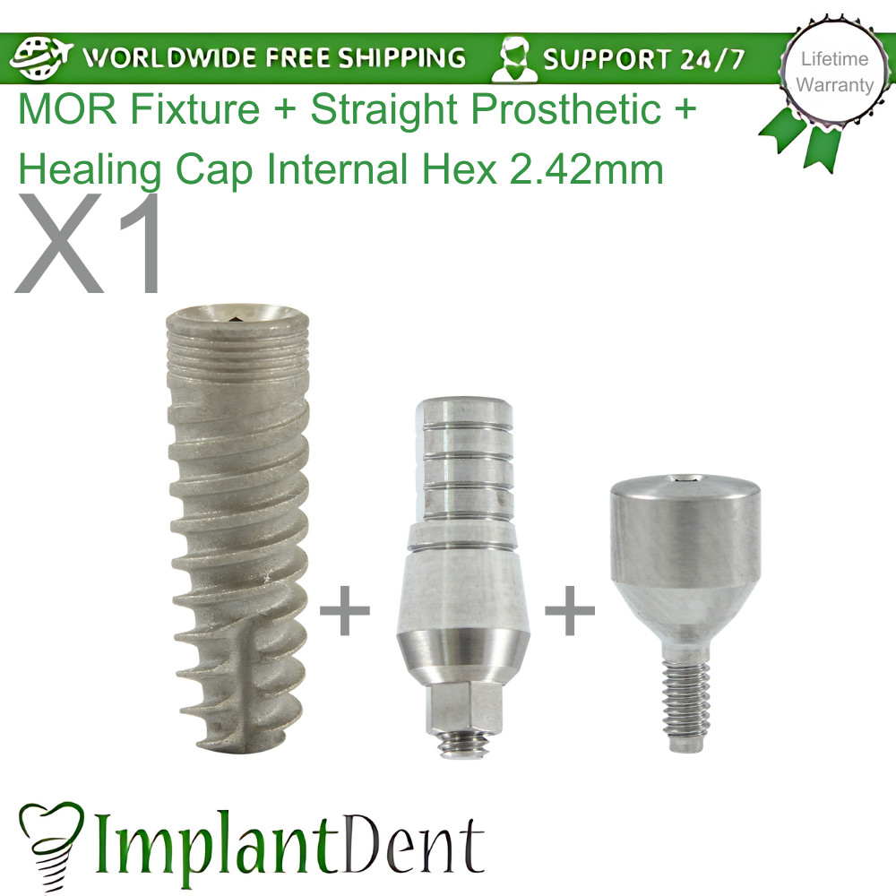 1x Dental Spiral Fixture SLA, Straight Prosthetic, Healing Cap Int Hex 2.42mm