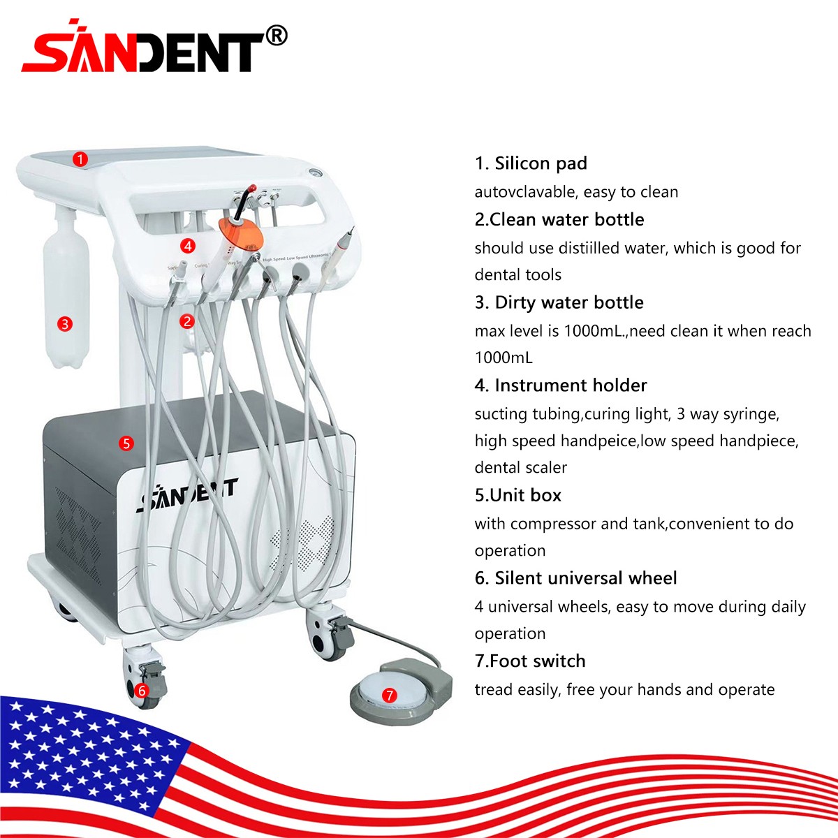 4-HOLE Dental Delivery Mobile Cart Unit Equipment w/compressor Scaler Light