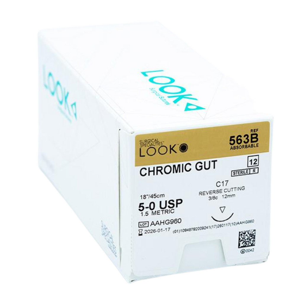 Look X563B Chromic Gut Absorbable Sutures C-17 5/0 18″ 12/Bx