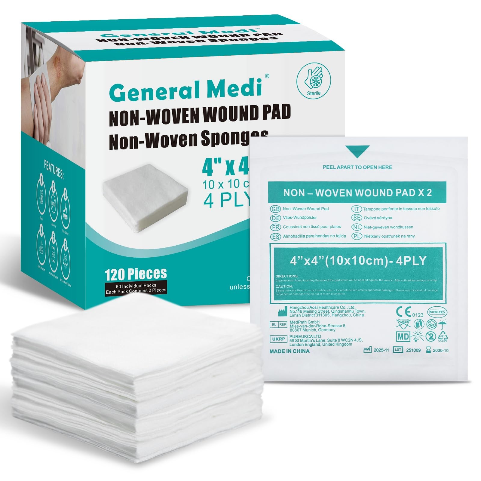 General Medi Sterile Gauze Sponges, 4″ x Non-Woven x (10 x 10 cm)