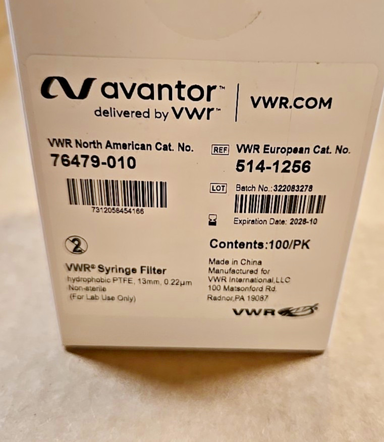 VWR Avantor Syringe Filter Hydrophobic PTFE 13mm, 0.45um Sealed Pack Of 100