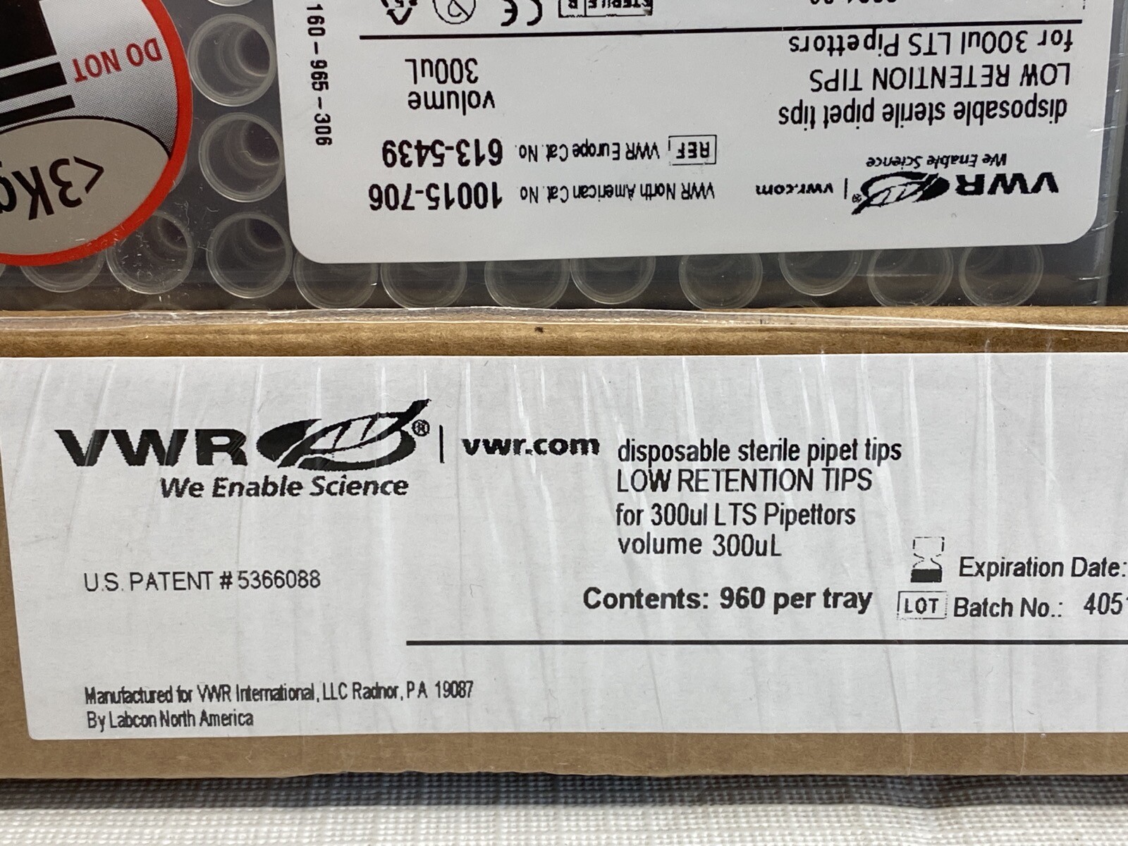(960/Pk) VWR 300uL Low Retention Pipet Tips Hinged 10×96/Rk Tray 10015-706