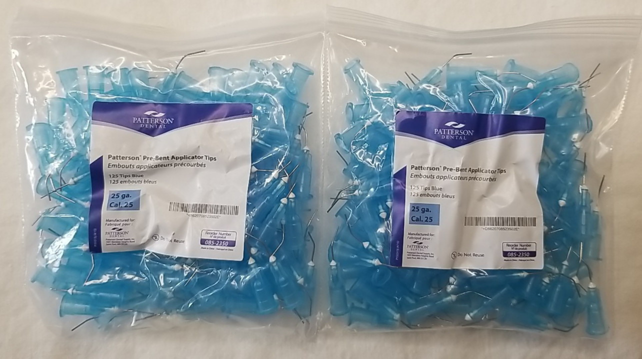 250 Tips Patterson Pre Bent Applicator Tip 25 GA 085-2350 Blue Syringe Tips