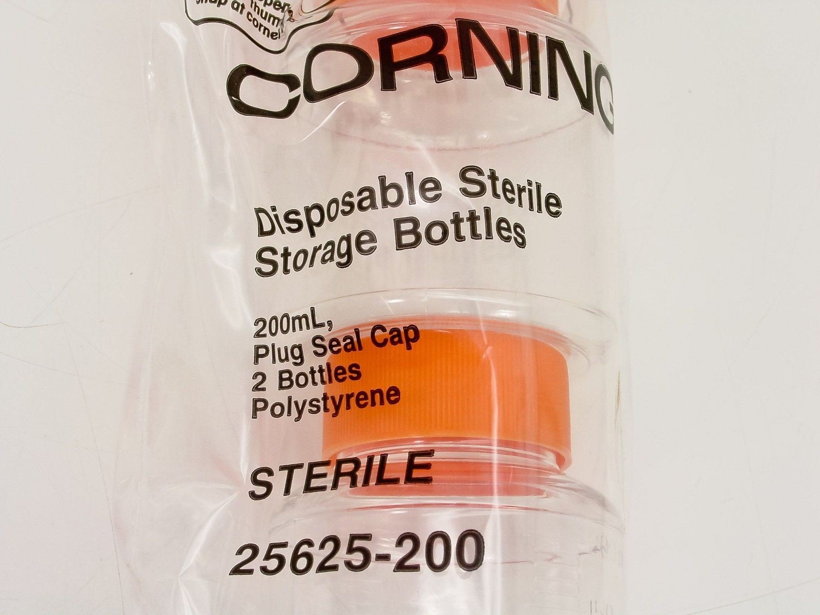 Corning 25625-200 Disposable Sterile Storage Bottles 200mL Plug Seal Cap Pair