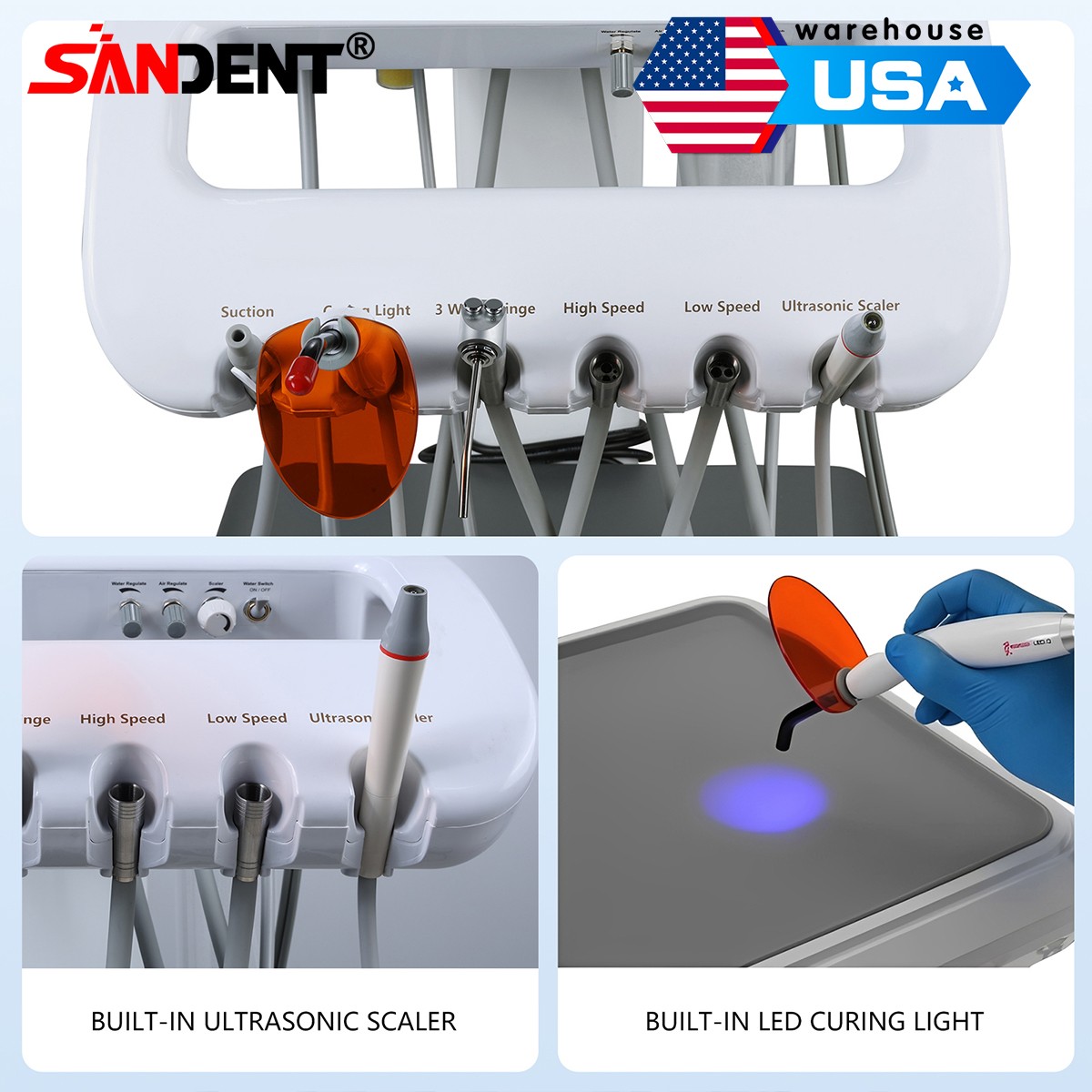 4-HOLE Dental Delivery Mobile Cart Unit Equipment w/compressor Scaler Light