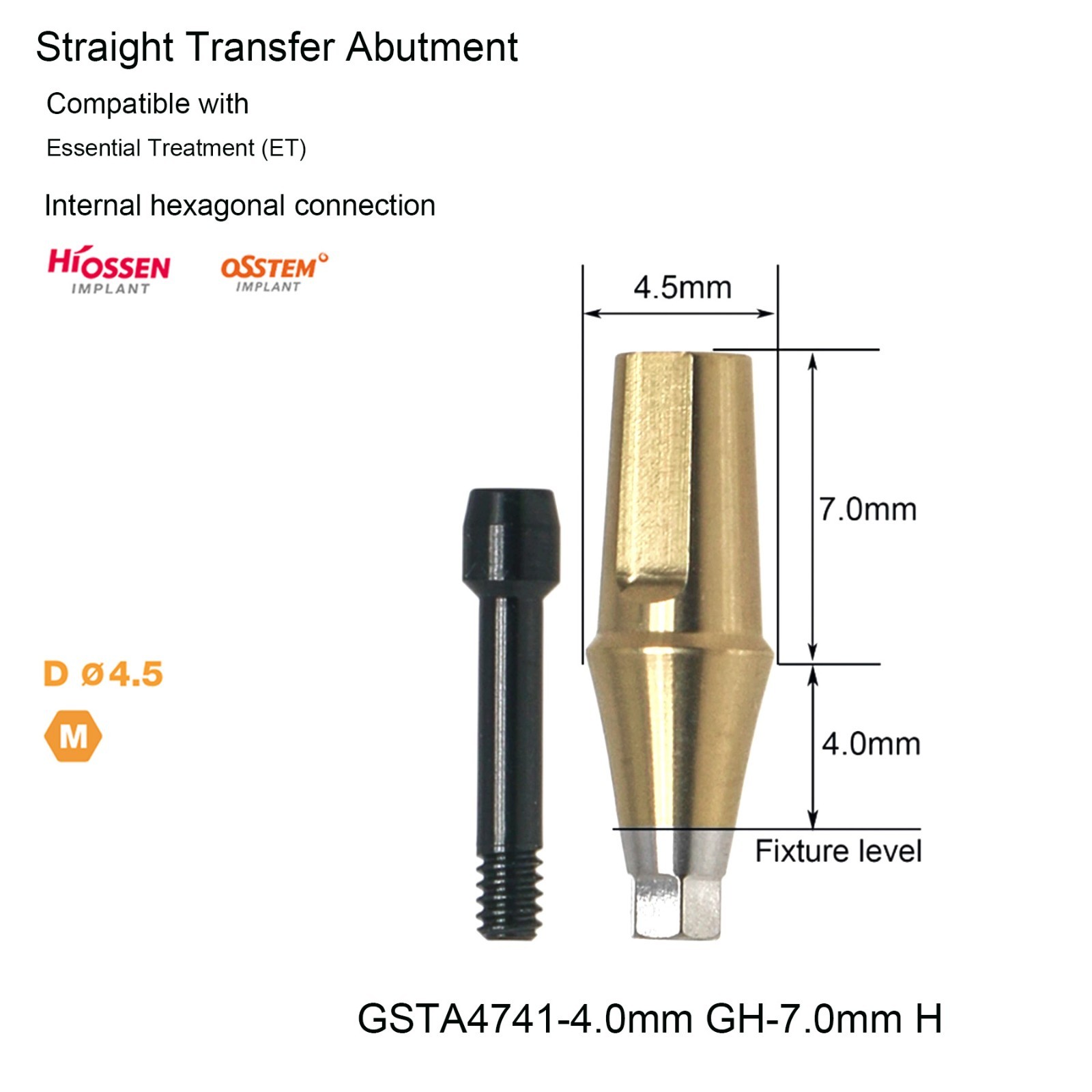 Hiossen Dental Ø4.5 Mini ET Platform Ti Straight Standard Mini Transfer Abutment