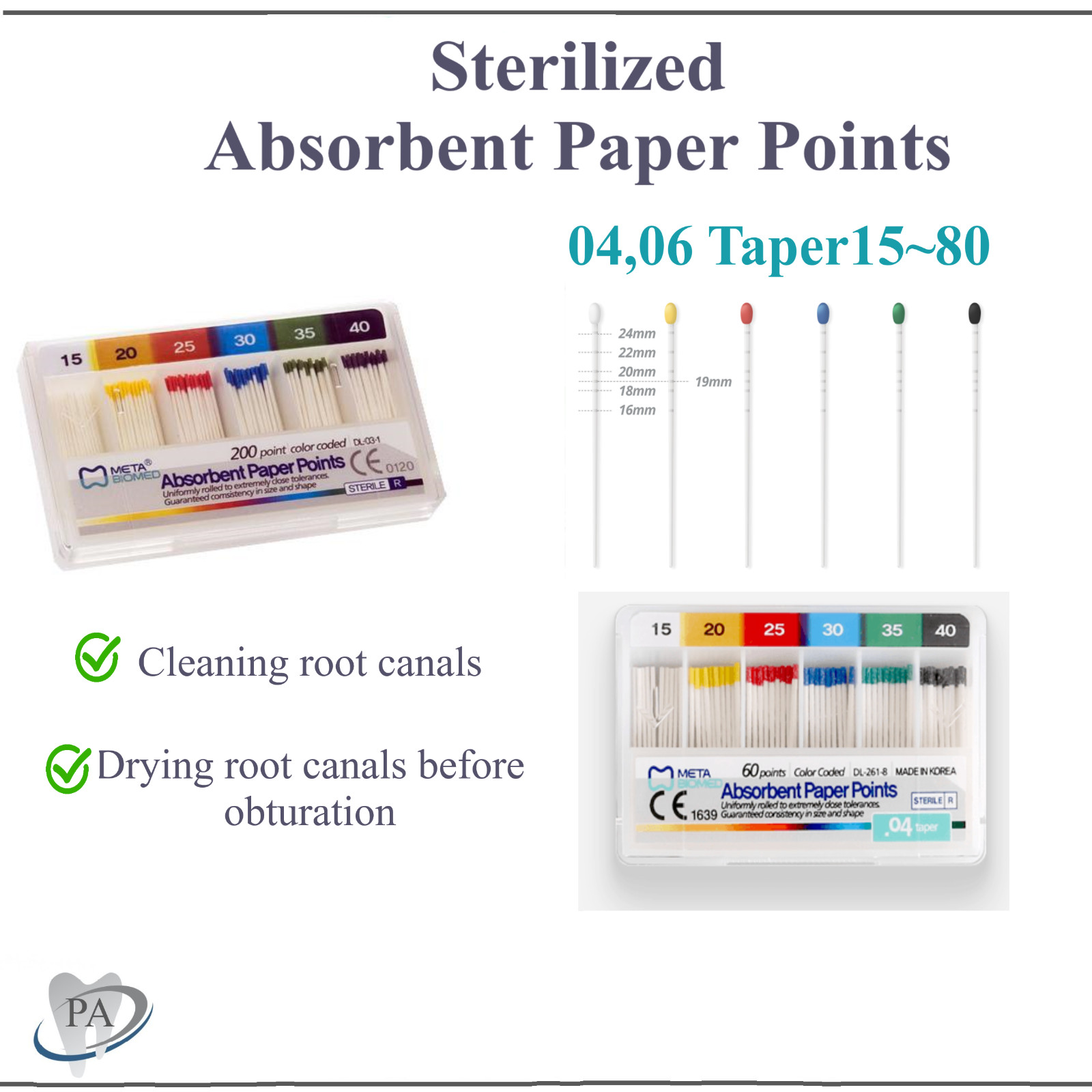 Dental Meta Absorbent Paper Points Sterilized Taper 0.4 / 0.6 or 15/40 or 45/80