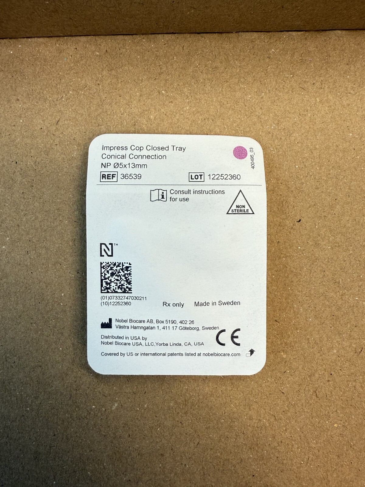 Nobel Biocare Conical NP 5 X 13mm Closed Tray Impression Coping (REF 36539)