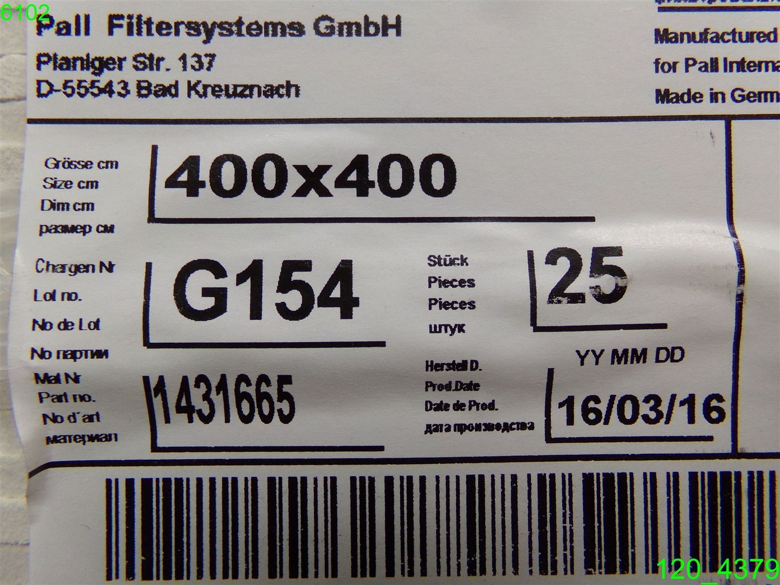 PALL DEPTH FILTERS HS1600 , 400×400 , 25 PACK , G154 , 1431665 – NEW