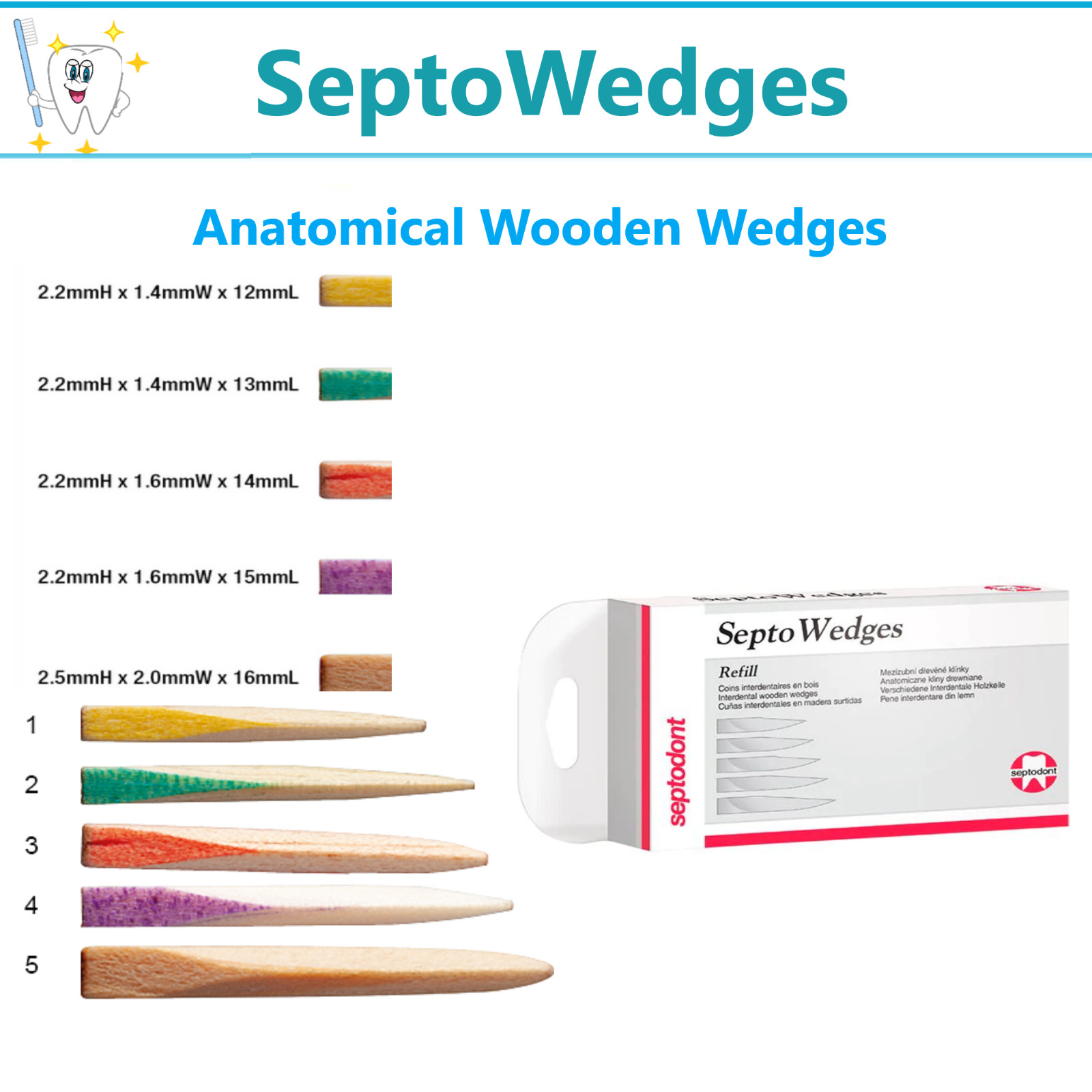 Dental SeptoWedges Wood Wedges, 5 Sizes, Color Coded, Anatomically Shaped, 100Pk