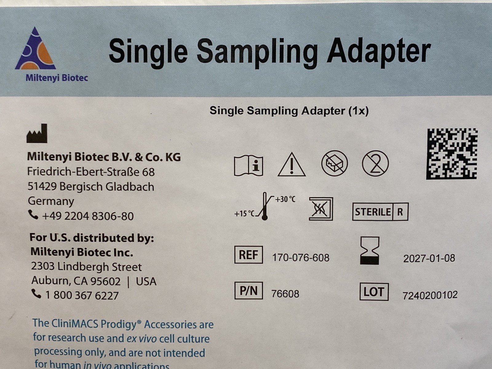 (4) MILTENYI BIOTEC CliniMACS Prodigy Single-Use Sampling Adapters 170-076-608