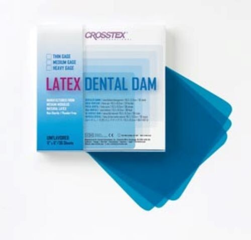 CROSSTEX DENTAL DAMS, THIN, BLUE, 6″ X 6″, UNFLAVORED, 36 SHEETS/BX, 19302