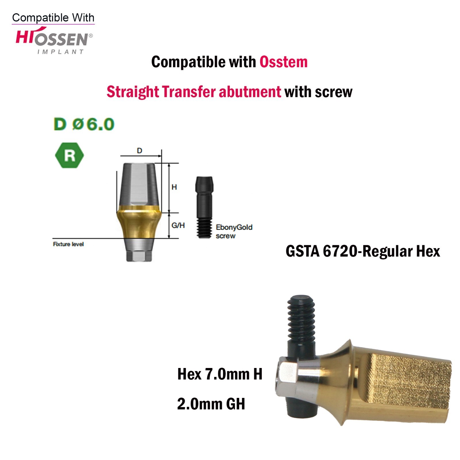 US Dental Straight Transfer Abutment Regular Ø6.0mm 1-6mm GH For Hiossen Osstem