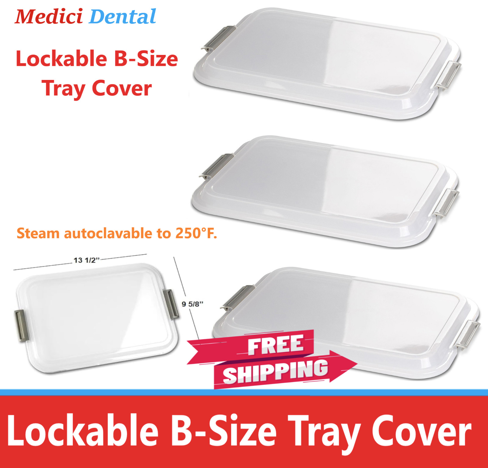 Dental Lockable B-Size Tray Cover Lid Clear, Autoclave 275F, with Locks, 5/Pack