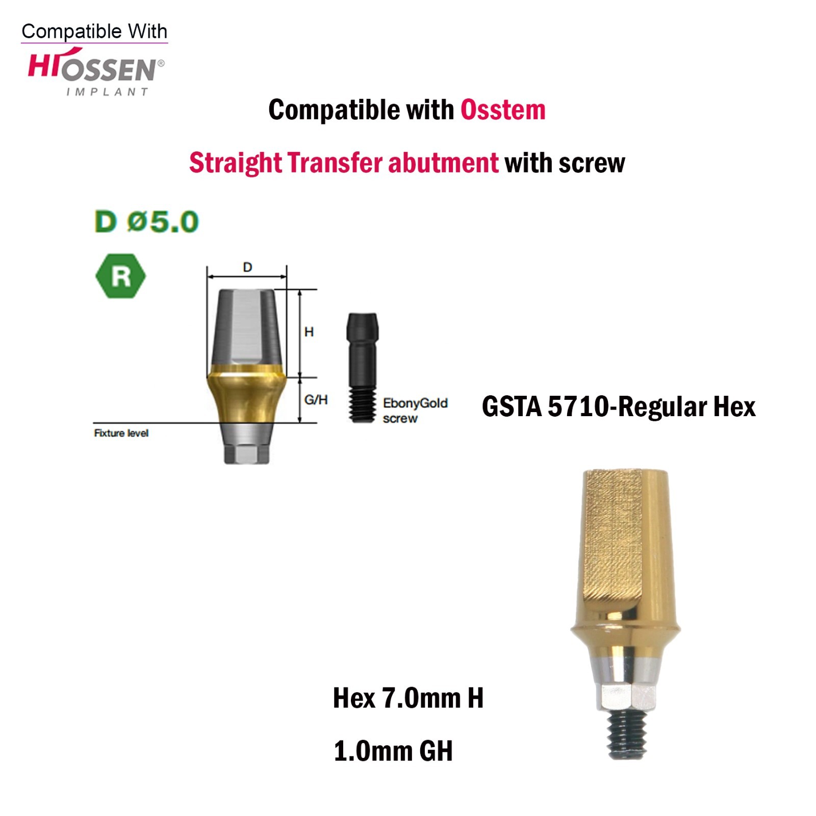US Regular Straight Transfer Abutment Ø5.0 For Osstem Hiossen Hex 7.0mm Implants