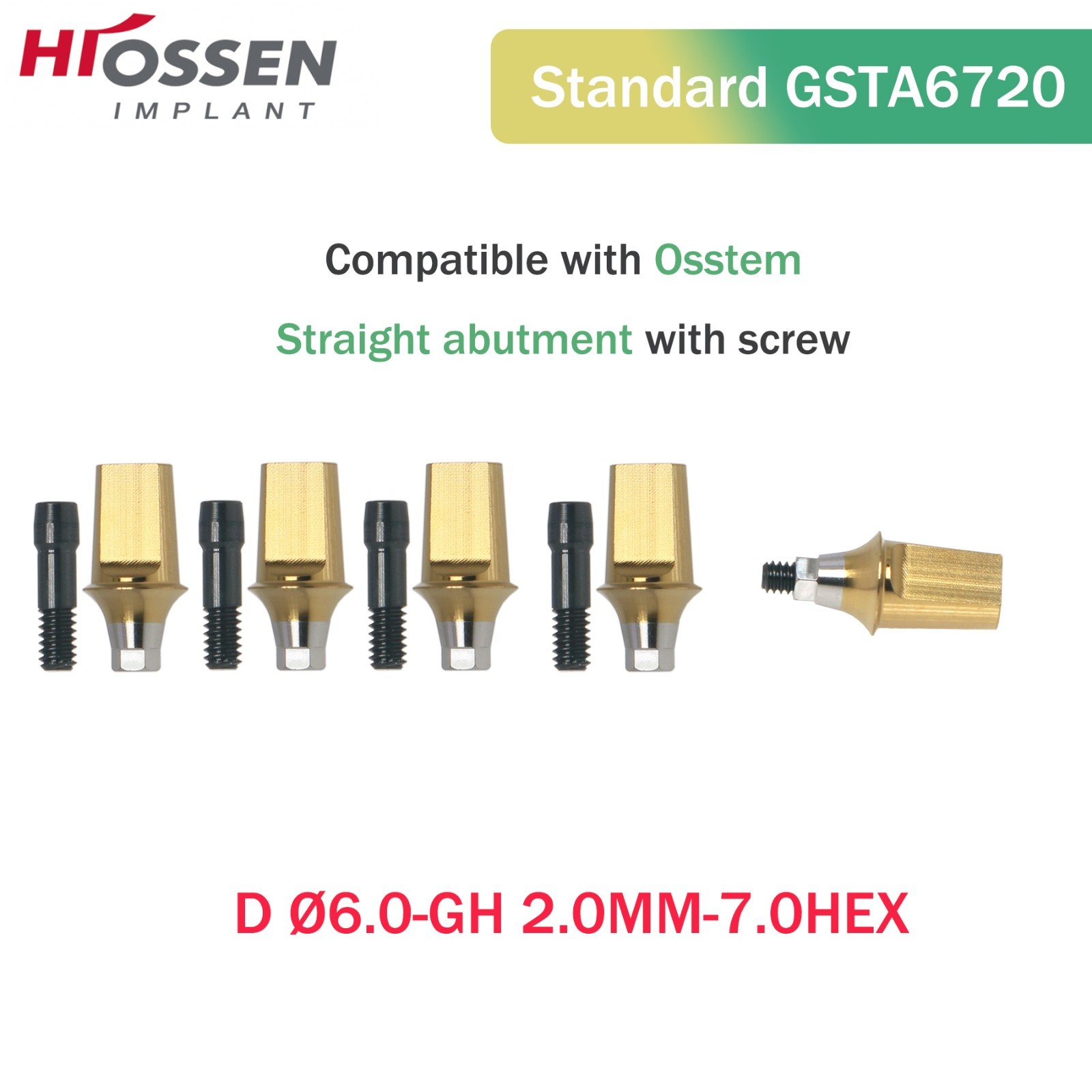 US Dental Straight Transfer Abutment Regular Ø6.0 mm Hex GH 1–6 mm Hiossen ET