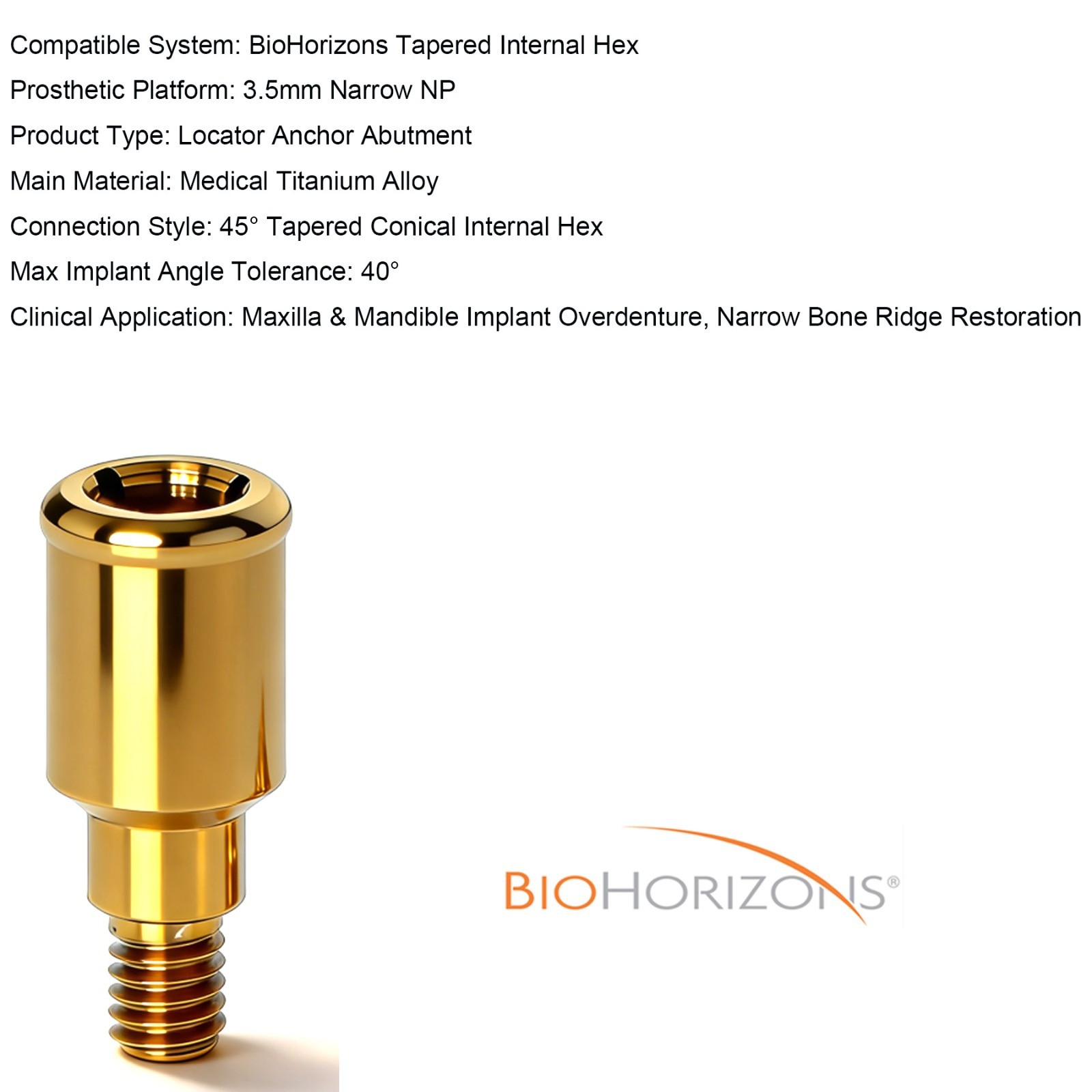 Dental LOCATOR Abutment fits BioHorizons Tapered/Pro/Plus/Short 3.5mm Platform