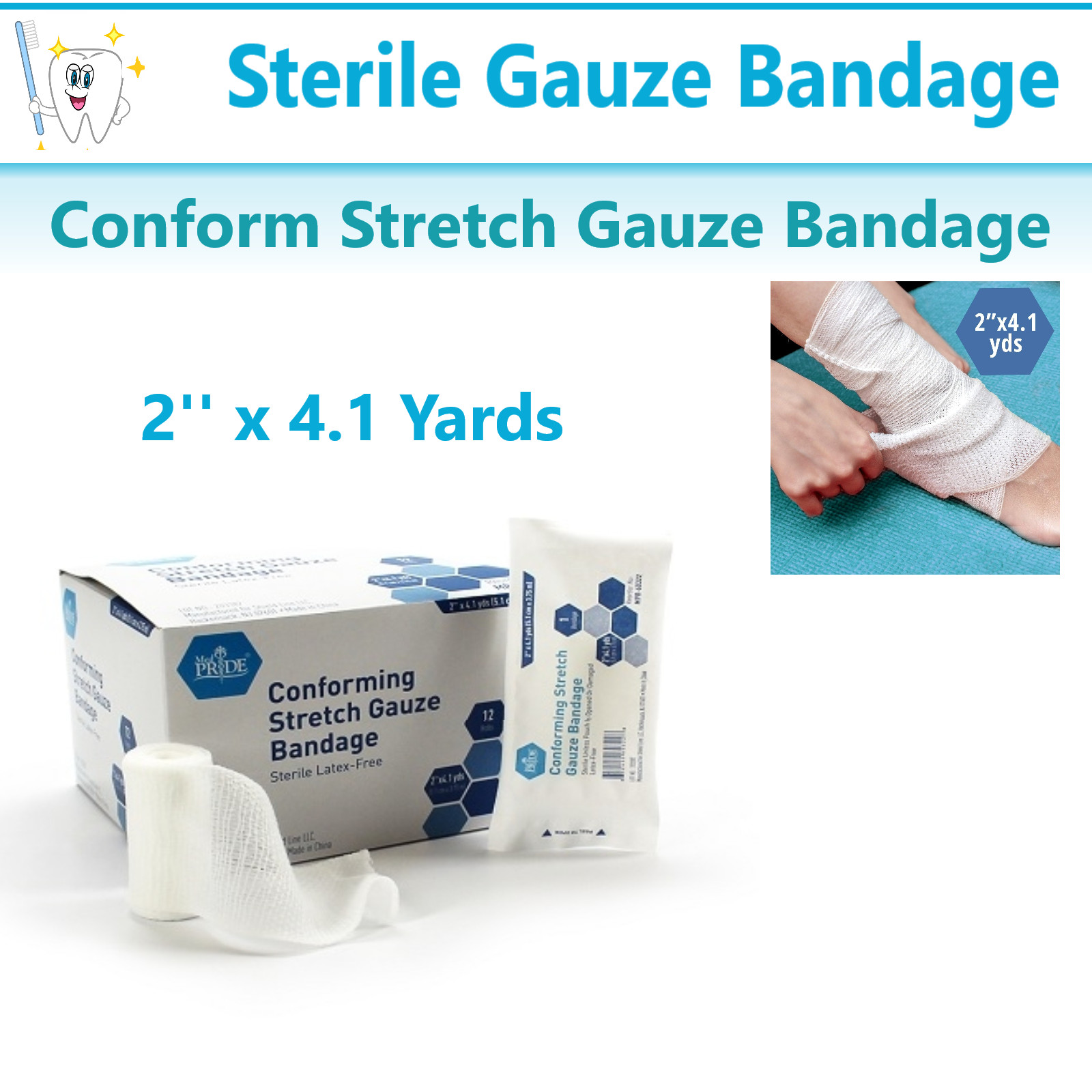 Conforming Stretch Gauze Bandages 2” x 4.1 Yards, 12 Rolls, Sterile, Latex Free
