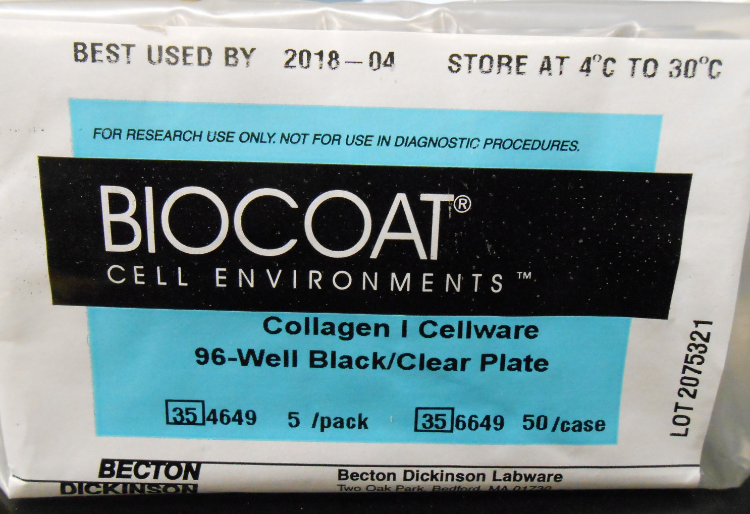 PACK OF 5 BECTON DICKINSON BIOCOAT COLLAGEN 1 CELLWARE 96 WELL PLATE 354649