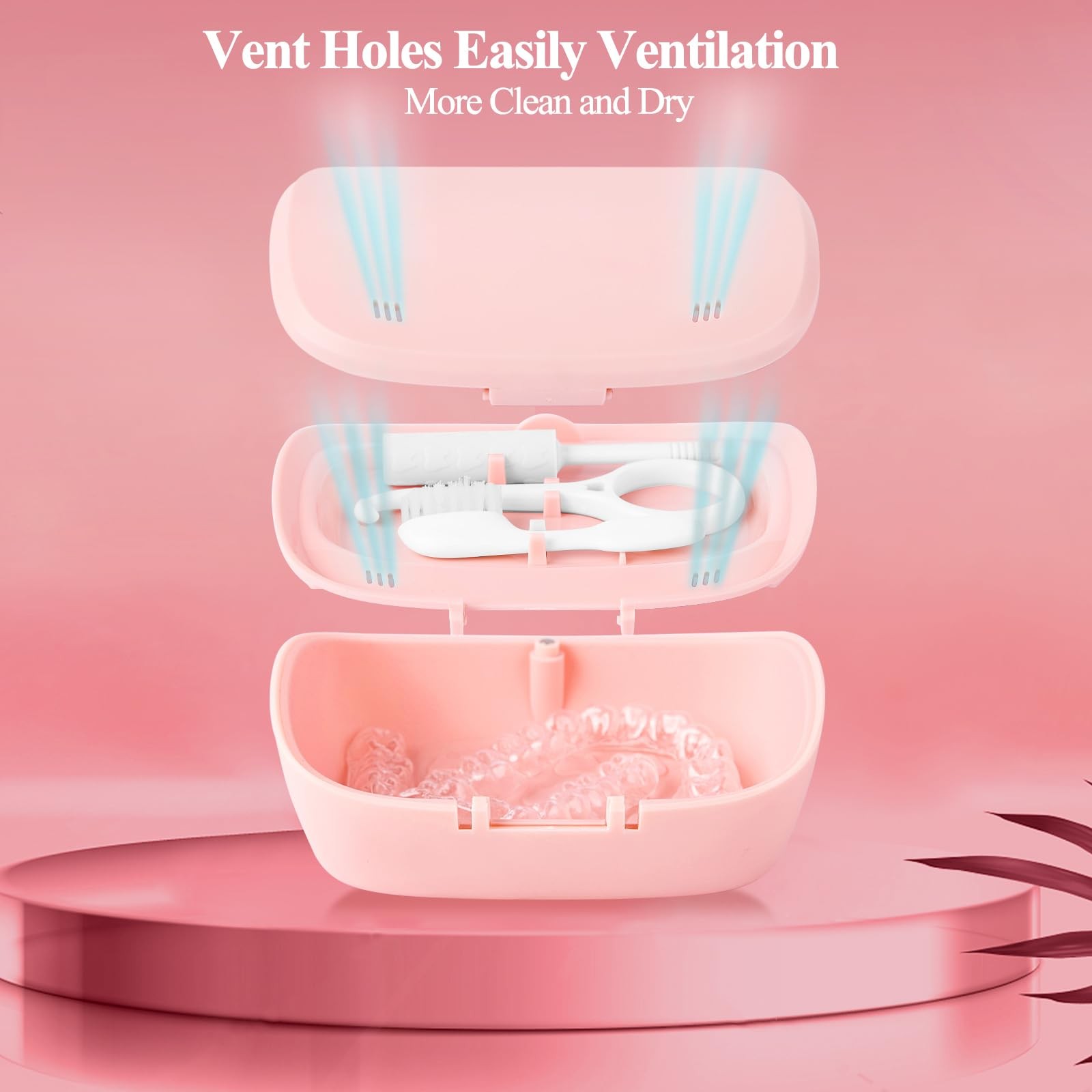 LONGMON Retainer Case With Mirror,Compatible with Invisalign,Vent PINK